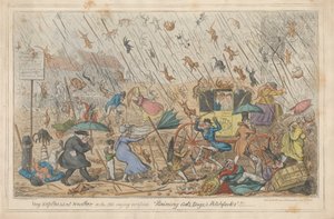 Mycket obehagligt väder, eller, det gamla ordspråket Verified "Regnande katter, hundar och högafflar."!!! av George Cruikshank