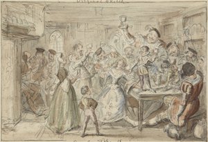 Xit, nu Sir Narcissus Le Grand, underhåller sina vänner på sin bröllopsdag av George Cruikshank