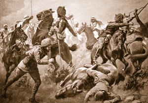 Risaldar Santa Singh, Dafadar Bisham Singh och Sowar Buda Singh bryter igenom arabernas led med hjälp av kapten Willoughby av George Derville Rowlandson