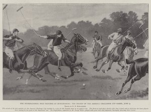 De internationella polomatcherna i Hurlingham, det andra av America Challenge Cup-spelen, 9 juni. av George Derville Rowlandson
