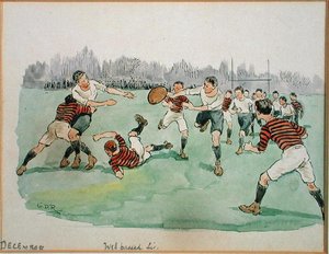 December månad: Rugby (penna & bläck och akvarell på papper)