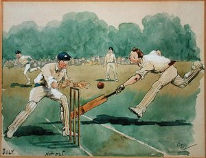 Juli månad: Cricket (penna & bläck och akvarell på papper)