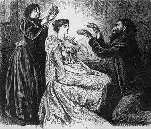Svengalis hypnotisering av Trilby, illustration från "Trilby" av George du Maurier