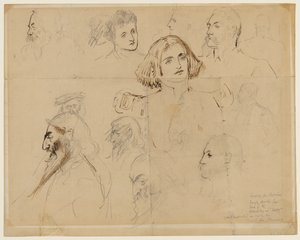 Grov skiss för några av karaktärerna i Trilby, inklusive Trilby och Svengali (penna, penna och bläck på papper) av George du Maurier