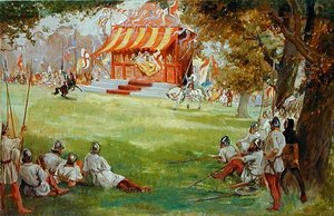 A Jousting Tournament, från Sir Nigel and the White Company av Sir Arthur Conan Doyles (1859-1930) (olja på duk nedlagd ombord) (se även 140868) av George Edmund Butler