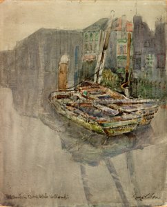 Ålbåtar i en kanal i Dordrecht, Holland (kol och akvarell på papper klistrat på kort)