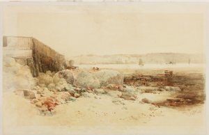 Harbor Scene (penna och akvarell på papper klistrade på kort) av George Edward Horton