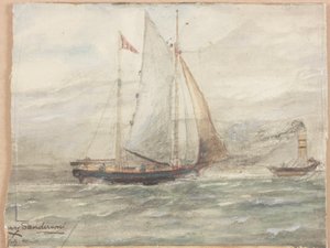 Segelbåt (kroppsfärg, kol och akvarell ombord)