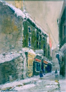 Winter, Clive Street, North Shields (kol och akvarell på papper klistrat på kort)
