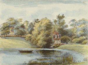 Chinese Temple and Temple of Eolus, Kew Gardens, plåt 16 från Kew Gardens: A Series of Twenty-Four Drawings on Stone, graverad av Charles Hullmandel (1789-1850) publicerad 1820 (handfärgad litho)