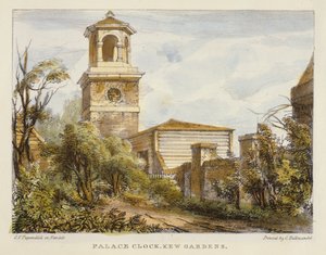 Palace Clock, Kew Gardens, skylt 7 från Kew Gardens: A Series of Twenty-Four Drawings on Stone, graverad av Charles Hullmandel (1789-1850) publicerad 1820 (handfärgad lito)
