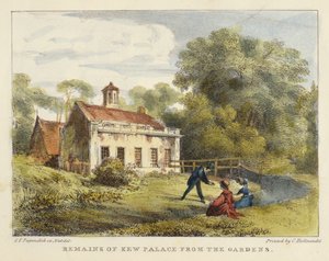 Remains of Kew Palace from the Gardens, skylt 6 från Kew Gardens: A Series of Twenty-Four Drawings on Stone, graverad av Charles Hullmandel (1789-1850) publicerad 1820 (handfärgad litho)