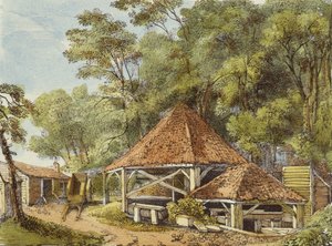 Water Works, Kew Gardens, plåt 22 från Kew Gardens: A Series of Twenty-Four Drawings on Stone, graverad av Charles Hullmandel (1789-1850) publicerad 1820 (handfärgad lito)
