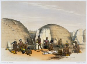 Zulukraal vid Umlazi med hyddor och skärmar, 1849