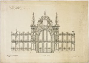 New College Oxford: Föreslagna portar och räcke för entré till trädgård av George Gilbert Scott