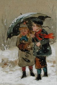 Barn som leker i snö (wc förstärkt med vitt på papper) (paret finns i 224241)