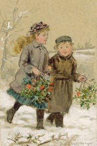 Children Playing in the Snow - Collecting Holly (wc förhöjd med vitt på papper) (se 224240 för par) av George Goodwin Kilburne