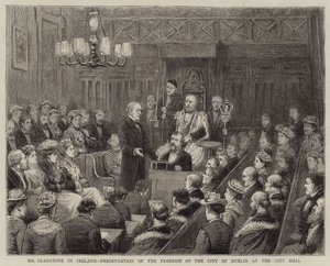Mr Gladstone i Irland, presentation av staden Dublins frihet i stadshuset av George Goodwin Kilburne
