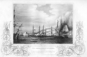 Bombardementet av Odessa, Ukraina, under Krimkriget, 1854-1857. av George Greatbatch