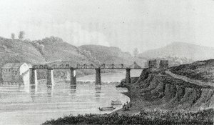 Bridge i Zanesville, Ohio, från "A Visit to North America and the English Settlements in Illinois" av Adlard Welby, publicerad 1821