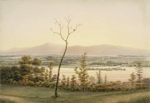 Early Twilight, Kaatskill Catskill Landing and Mountains from the East Bank of the Hudson, New York, 1840 (akvarell, grafit, selektiv glasering, gouache och inslag av att skrapa ut på papper för