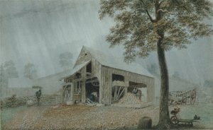 Regnstorm, Cider Mill i Redding, Connecticut, ca 1840 (akvarell och gouache på vitt vävt papper) av George Harvey