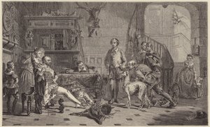 Shakespeare ställdes inför Sir Thomas Lucy för tjuvjakt på rådjur. (gravyr)