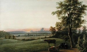 Sunrise - Flatbush and the Ocean från Greenwood Cemetery, Long Island, New York, ca 1830-40 (akvarell, gouache och grafit på papper)