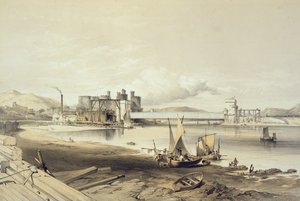 Conway Bridge, byggandet av det andra röret, september 1848, graverat av konstnären