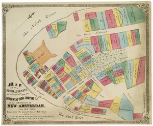 Karta över de ursprungliga anslagen av bytomter från det holländska västindiska kompaniet till invånarna i New-Amsterdam (nu New-York) som ligger under den nuvarande linjen på Wall Street, 1857 (svart bläck, med färg
