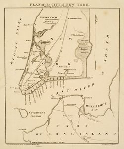 Plan över staden New York som visar det gjorda [sic] och sumpmark, 1856 (svart bläck på papper)
