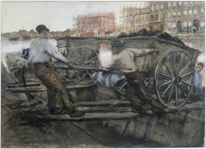 Arbetare som drar en tungt lastad vagn på Jacob van Lennepkade, Amsterdam av George Hendrik Breitner