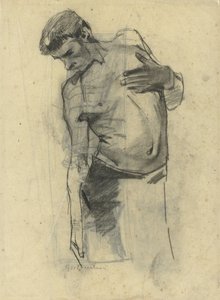 Modellstudie av en stående halvnaken man som tittar ner av George Hendrik Breitner