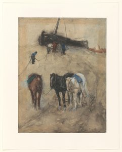 Hästar på stranden, i bakgrunden en pråm och fiskare av George Hendrik Breitner