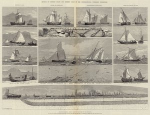 Modeller av fiskebåtar och fiskeredskap i den internationella fiskeutställningen av George Henry Andrews