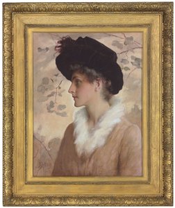 Porträtt av en dam, halvlångt, iklädd en svart hatt och pälsstol, 1888 av George Henry Boughton