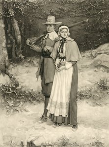 Puritanskt par på väg till söndagsgudstjänst, graverad av Thomas Gold Appleton, 1885