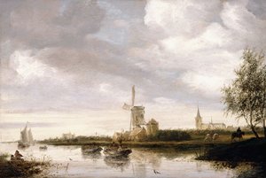 Ett flodlandskap med pråmar och segelbåtar och en kyrka bortom av George Henry Clements