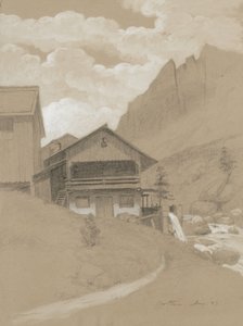 Hus i Alperna, Cortina, 1883 (grafit med vit gouache på brunt vävt papper)