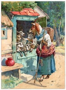 Mamma get och hennes små, illustration från "Once Upon a Time" publicerad av Ernest Mister, c.1900 (färg litho)