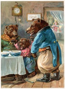 "Vem har ätit min gröt?", illustration från "Once Upon a Time" publicerad av Ernest Mister, ca 1900 (färg litho)