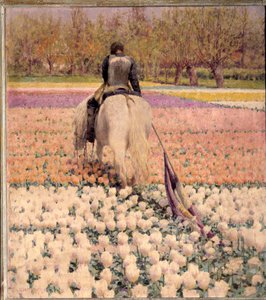 Besegrad En skjuten ryttare korsar ett tulpanfält efter nederlag. Målning av George Hitchcock (1850-1913) (ec. am.) 1898 Sön. 1x0,9 m Paris, musee d