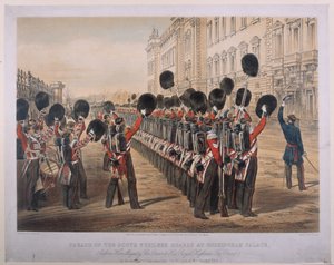 Parad av Scots Fusilier Guards vid Buckingham Palace på morgonen av deras avresa till Seat of War, 2 mars 1854, graverad av E. Walker, publicerad av Colnaghi und Co., 1854 av George Housman Thomas