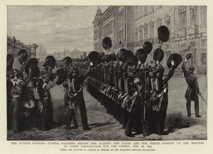 The Scotch Fusilier Guards paraderar inför Hennes Majestät Drottningen och Prinsgemalen på morgonen av deras ombordstigning till Krim, 28 februari 1854 av George Housman Thomas
