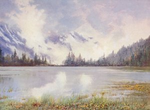 Lac Champex i molnland i slutet av maj; Caltha palustris och Primula farinosa vid vattenbrynet (färglitografi) av George Jackson Flemwell