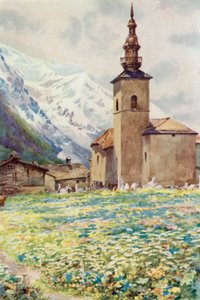 Mont Blanc och kyrkan Argentiere (färg litho)