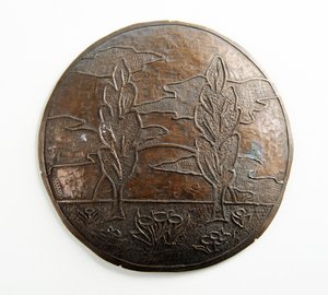 Convex plaque with trees, clouds and flowers (metal) av George James Frampton