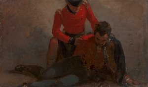 En 42:a Highlander som deltar i en general från de 7:e husarerna, möjligen Henry William Bayly, förste jarl av Uxbridge, senare först markis av Anglesey: en studie för "Slaget vid Waterloo" av George Jones