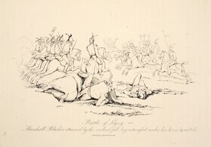 Slaget vid Ligny: Marshall Blucher bedövad av det våldsamma fallet låg intrasslad under sin häst, puben J. Booth, 1816