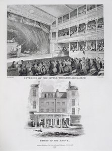 Interiör av Little Theatre, Haymarket i London och Front of the Above, graverad av James Stow (c.1770-1820) 1815 av George Jones